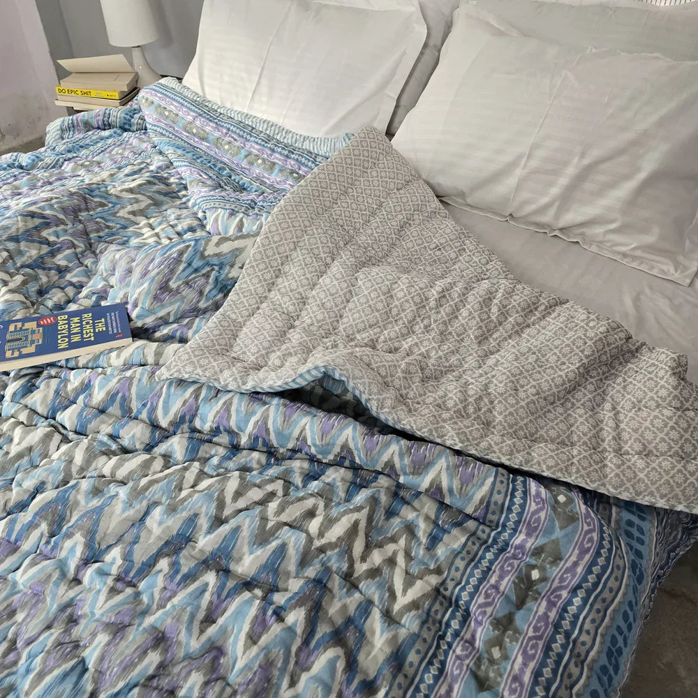 Hand Block Printed Jaipuri Cotton Quilt – Blue & Purple Geo Stripes (90X108 Inches)